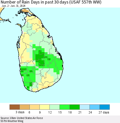 Sri Lanka Number of Rain Days in past 30 days (USAF 557th WW) 01/31/2024 Thematic Map For 1/26/2024 - 1/31/2024