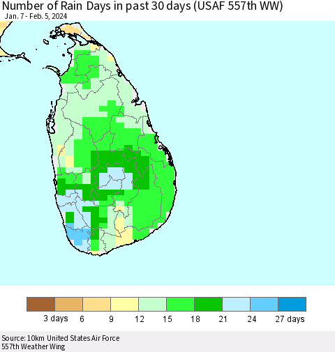 Sri Lanka Number of Rain Days in past 30 days (USAF 557th WW) 02/05/2024 Thematic Map For 2/1/2024 - 2/5/2024