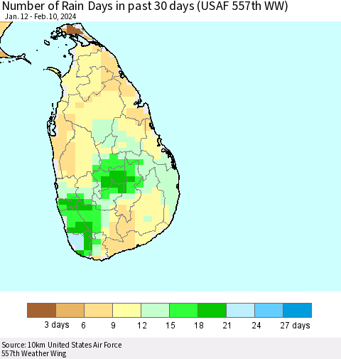Sri Lanka Number of Rain Days in past 30 days (USAF 557th WW) 02/10/2024 Thematic Map For 2/6/2024 - 2/10/2024