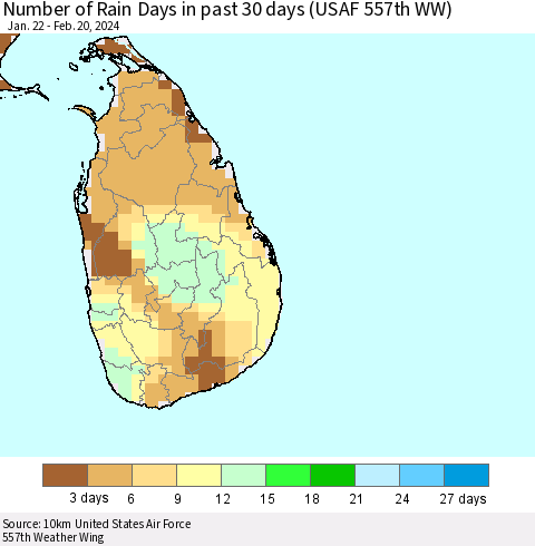 Sri Lanka Number of Rain Days in past 30 days (USAF 557th WW) 02/20/2024 Thematic Map For 2/16/2024 - 2/20/2024
