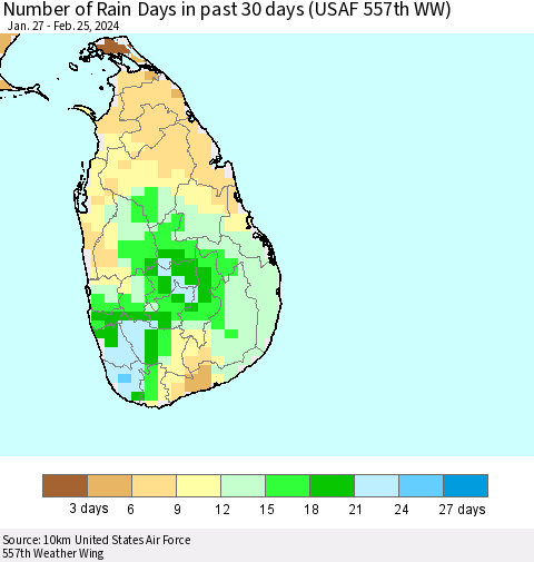 Sri Lanka Number of Rain Days in past 30 days (USAF 557th WW) 02/25/2024 Thematic Map For 2/21/2024 - 2/25/2024
