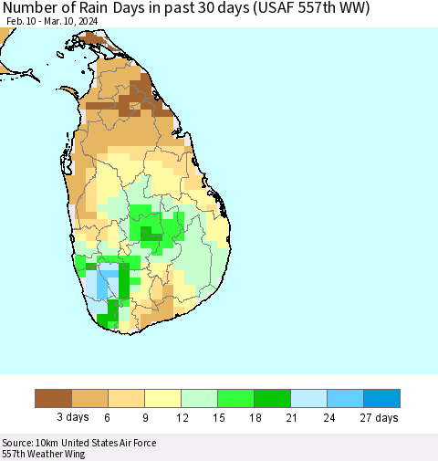 Sri Lanka Number of Rain Days in past 30 days (USAF 557th WW) Thematic Map For 3/6/2024 - 3/10/2024
