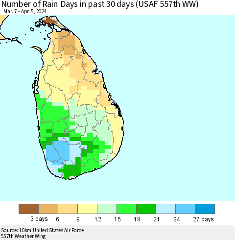 Sri Lanka Number of Rain Days in past 30 days (USAF 557th WW) 04/05/2024 Thematic Map For 4/1/2024 - 4/5/2024