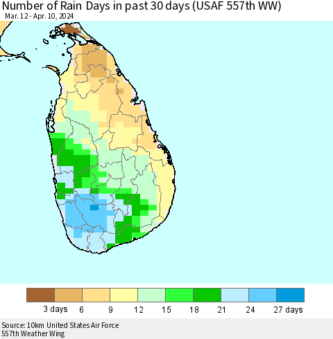 Sri Lanka Number of Rain Days in past 30 days (USAF 557th WW) 04/10/2024 Thematic Map For 4/6/2024 - 4/10/2024