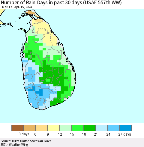 Sri Lanka Number of Rain Days in past 30 days (USAF 557th WW) 04/15/2024 Thematic Map For 4/11/2024 - 4/15/2024