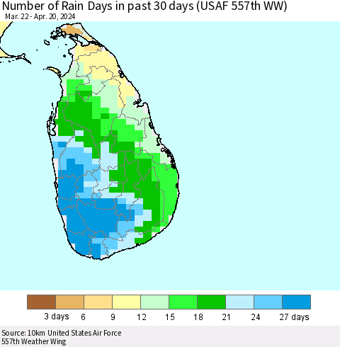 Sri Lanka Number of Rain Days in past 30 days (USAF 557th WW) 04/20/2024 Thematic Map For 4/16/2024 - 4/20/2024