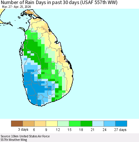 Sri Lanka Number of Rain Days in past 30 days (USAF 557th WW) 04/25/2024 Thematic Map For 4/21/2024 - 4/25/2024