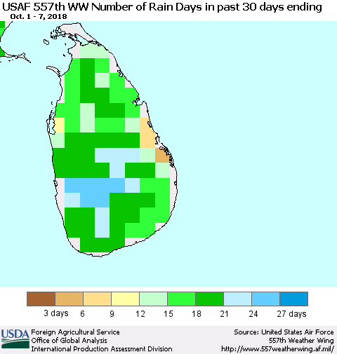 Sri Lanka Number of Rain Days in past 30 days (USAF 557th WW) 10/07/2018 Thematic Map For 10/1/2018 - 10/7/2018