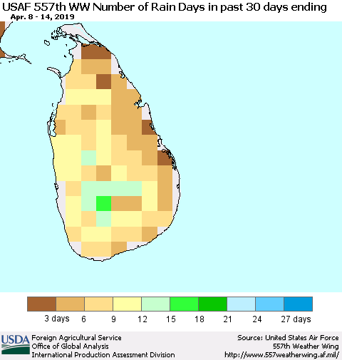 Sri Lanka Number of Rain Days in past 30 days (USAF 557th WW) 04/14/2019 Thematic Map For 4/8/2019 - 4/14/2019