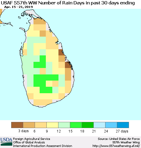 Sri Lanka Number of Rain Days in past 30 days (USAF 557th WW) 04/21/2019 Thematic Map For 4/15/2019 - 4/21/2019