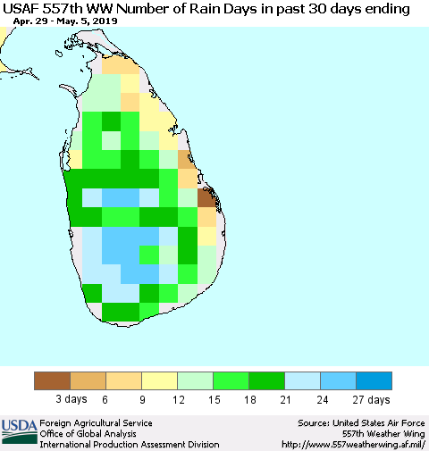 Sri Lanka Number of Rain Days in past 30 days (USAF 557th WW) 05/05/2019 Thematic Map For 4/29/2019 - 5/5/2019