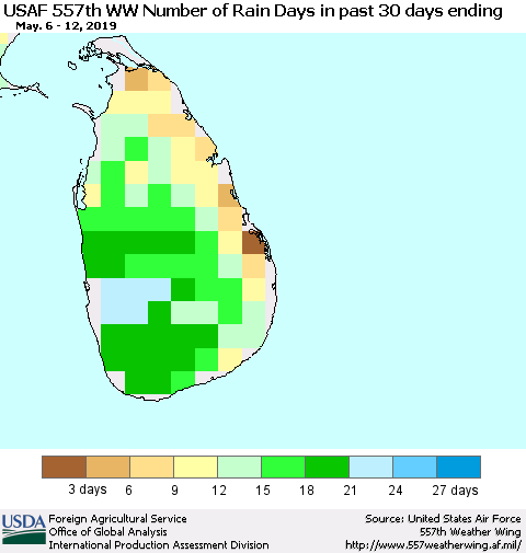 Sri Lanka Number of Rain Days in past 30 days (USAF 557th WW) 05/12/2019 Thematic Map For 5/6/2019 - 5/12/2019