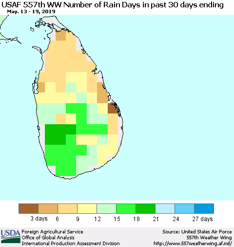 Sri Lanka Number of Rain Days in past 30 days (USAF 557th WW) 05/19/2019 Thematic Map For 5/13/2019 - 5/19/2019