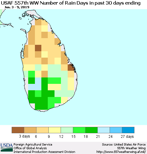 Sri Lanka Number of Rain Days in past 30 days (USAF 557th WW) 06/09/2019 Thematic Map For 6/3/2019 - 6/9/2019
