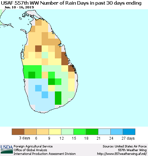 Sri Lanka Number of Rain Days in past 30 days (USAF 557th WW) 06/16/2019 Thematic Map For 6/10/2019 - 6/16/2019