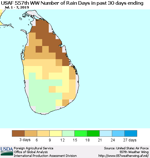 Sri Lanka Number of Rain Days in past 30 days (USAF 557th WW) 07/07/2019 Thematic Map For 7/1/2019 - 7/7/2019