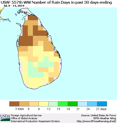 Sri Lanka Number of Rain Days in past 30 days (USAF 557th WW) 07/14/2019 Thematic Map For 7/8/2019 - 7/14/2019