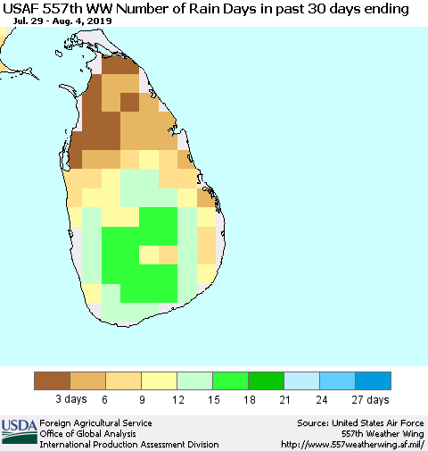 Sri Lanka Number of Rain Days in past 30 days (USAF 557th WW) 08/04/2019 Thematic Map For 7/29/2019 - 8/4/2019