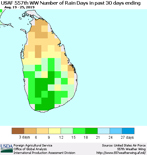 Sri Lanka Number of Rain Days in past 30 days (USAF 557th WW) 08/25/2019 Thematic Map For 8/19/2019 - 8/25/2019
