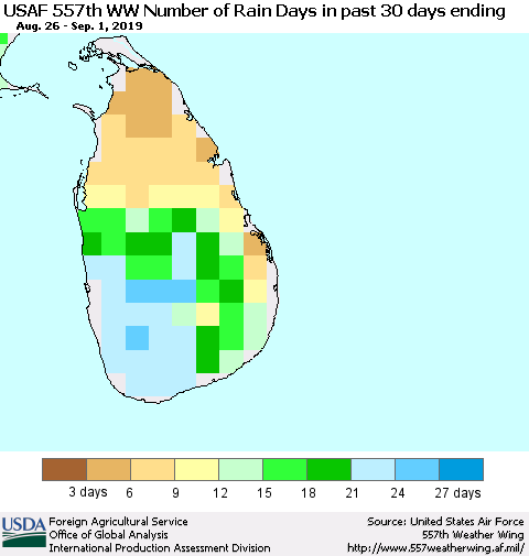 Sri Lanka Number of Rain Days in past 30 days (USAF 557th WW) 09/01/2019 Thematic Map For 8/26/2019 - 9/1/2019
