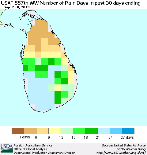Sri Lanka Number of Rain Days in past 30 days (USAF 557th WW) 09/08/2019 Thematic Map For 9/2/2019 - 9/8/2019