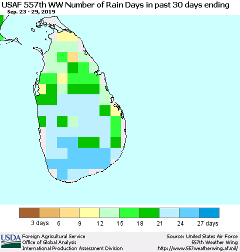 Sri Lanka Number of Rain Days in past 30 days (USAF 557th WW) 09/29/2019 Thematic Map For 9/23/2019 - 9/29/2019