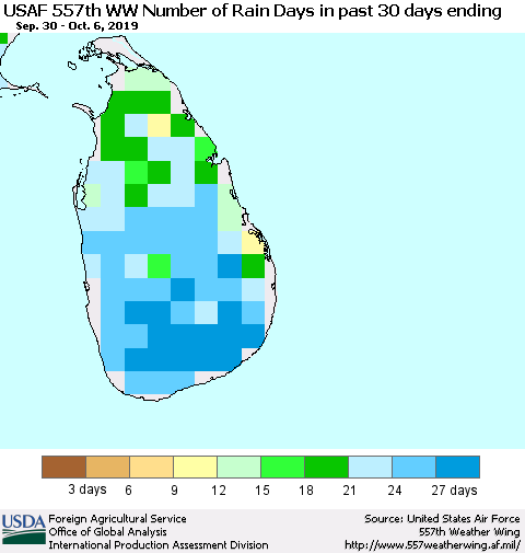 Sri Lanka Number of Rain Days in past 30 days (USAF 557th WW) 10/06/2019 Thematic Map For 9/30/2019 - 10/6/2019