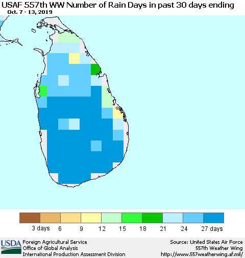 Sri Lanka Number of Rain Days in past 30 days (USAF 557th WW) 10/13/2019 Thematic Map For 10/7/2019 - 10/13/2019
