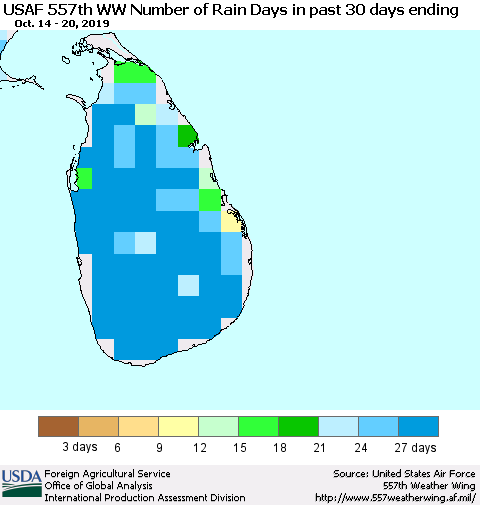 Sri Lanka Number of Rain Days in past 30 days (USAF 557th WW) 10/20/2019 Thematic Map For 10/14/2019 - 10/20/2019