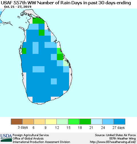 Sri Lanka Number of Rain Days in past 30 days (USAF 557th WW) 10/27/2019 Thematic Map For 10/21/2019 - 10/27/2019