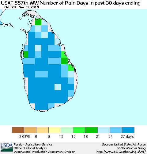 Sri Lanka Number of Rain Days in past 30 days (USAF 557th WW) 11/03/2019 Thematic Map For 10/28/2019 - 11/3/2019