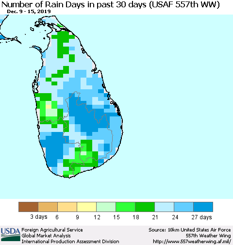 Sri Lanka Number of Rain Days in past 30 days (USAF 557th WW) 12/15/2019 Thematic Map For 12/9/2019 - 12/15/2019