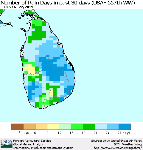 Sri Lanka Number of Rain Days in past 30 days (USAF 557th WW) 12/22/2019 Thematic Map For 12/16/2019 - 12/22/2019