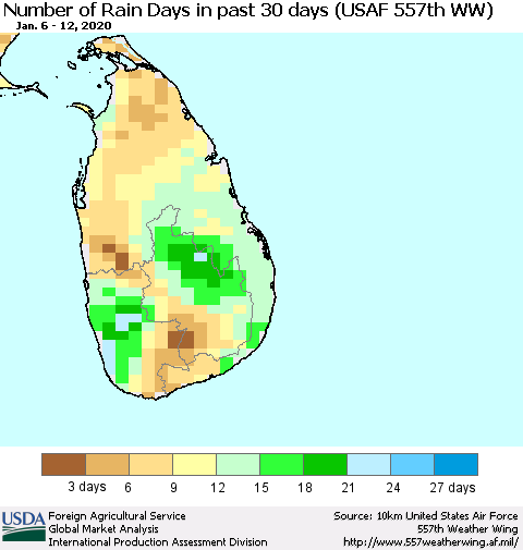 Sri Lanka Number of Rain Days in past 30 days (USAF 557th WW) 01/12/2020 Thematic Map For 1/6/2020 - 1/12/2020