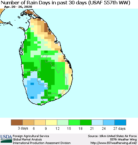 Sri Lanka Number of Rain Days in past 30 days (USAF 557th WW) 04/26/2020 Thematic Map For 4/20/2020 - 4/26/2020