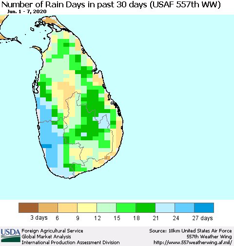 Sri Lanka Number of Rain Days in past 30 days (USAF 557th WW) 06/07/2020 Thematic Map For 6/1/2020 - 6/7/2020