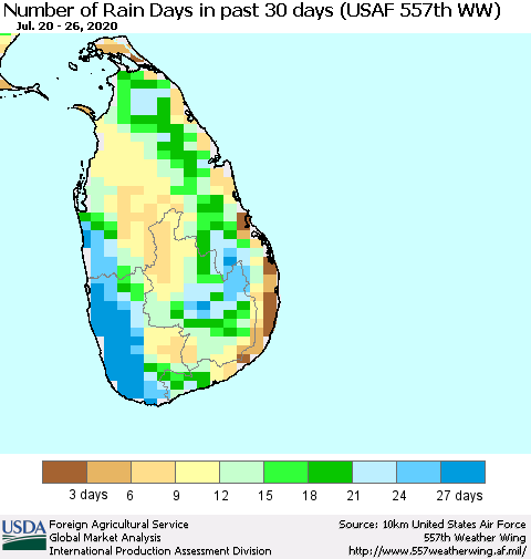 Sri Lanka Number of Rain Days in past 30 days (USAF 557th WW) 07/26/2020 Thematic Map For 7/20/2020 - 7/26/2020