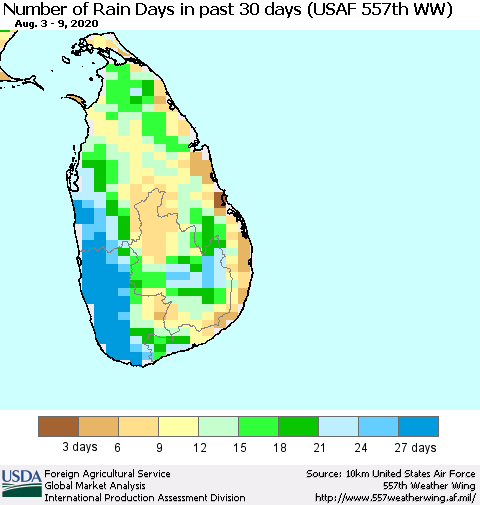 Sri Lanka Number of Rain Days in past 30 days (USAF 557th WW) 08/09/2020 Thematic Map For 8/3/2020 - 8/9/2020