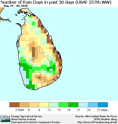 Sri Lanka Number of Rain Days in past 30 days (USAF 557th WW) 08/30/2020 Thematic Map For 8/24/2020 - 8/30/2020