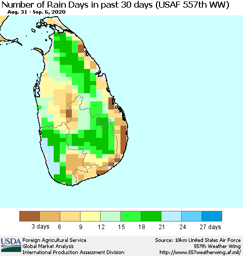 Sri Lanka Number of Rain Days in past 30 days (USAF 557th WW) 09/06/2020 Thematic Map For 8/31/2020 - 9/6/2020