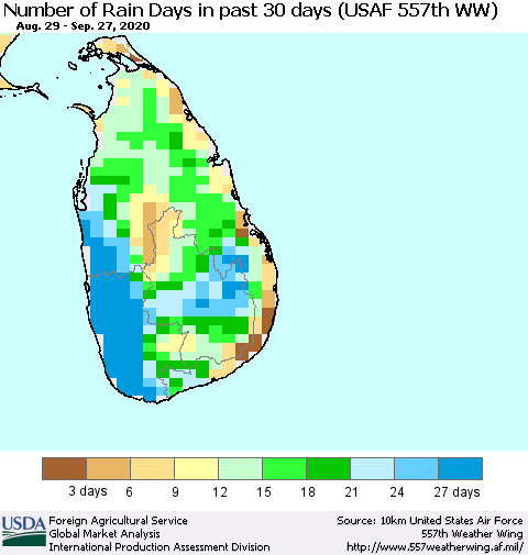 Sri Lanka Number of Rain Days in past 30 days (USAF 557th WW) 09/27/2020 Thematic Map For 9/21/2020 - 9/27/2020