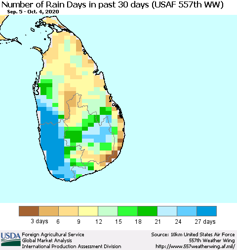 Sri Lanka Number of Rain Days in past 30 days (USAF 557th WW) 10/04/2020 Thematic Map For 9/28/2020 - 10/4/2020