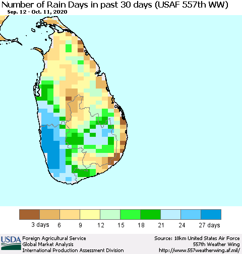 Sri Lanka Number of Rain Days in past 30 days (USAF 557th WW) 10/11/2020 Thematic Map For 10/5/2020 - 10/11/2020