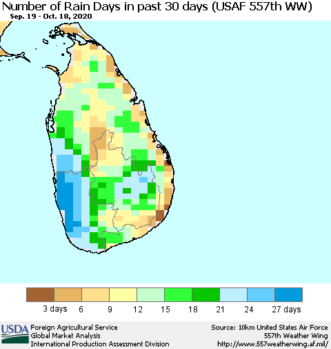 Sri Lanka Number of Rain Days in past 30 days (USAF 557th WW) 10/18/2020 Thematic Map For 10/12/2020 - 10/18/2020