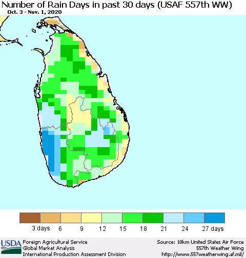 Sri Lanka Number of Rain Days in past 30 days (USAF 557th WW) 11/01/2020 Thematic Map For 10/26/2020 - 11/1/2020
