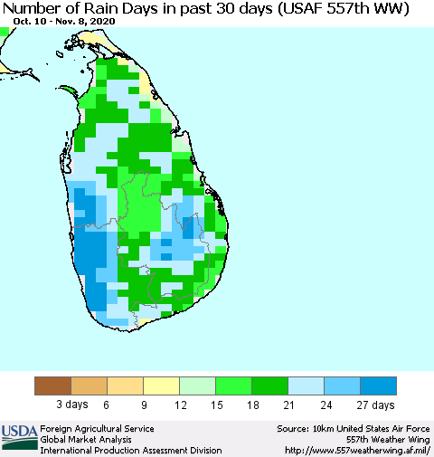 Sri Lanka Number of Rain Days in past 30 days (USAF 557th WW) 11/08/2020 Thematic Map For 11/2/2020 - 11/8/2020
