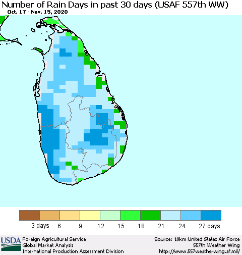 Sri Lanka Number of Rain Days in past 30 days (USAF 557th WW) 11/15/2020 Thematic Map For 11/9/2020 - 11/15/2020