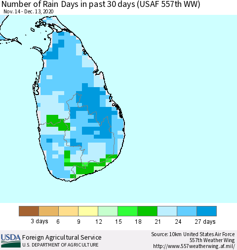 Sri Lanka Number of Rain Days in past 30 days (USAF 557th WW) 12/13/2020 Thematic Map For 12/7/2020 - 12/13/2020