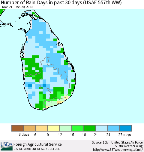 Sri Lanka Number of Rain Days in past 30 days (USAF 557th WW) 12/20/2020 Thematic Map For 12/14/2020 - 12/20/2020