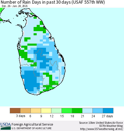 Sri Lanka Number of Rain Days in past 30 days (USAF 557th WW) 01/24/2021 Thematic Map For 1/18/2021 - 1/24/2021